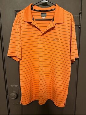 Greg Norman Collection Orange Polo with Thin Navy Stripes